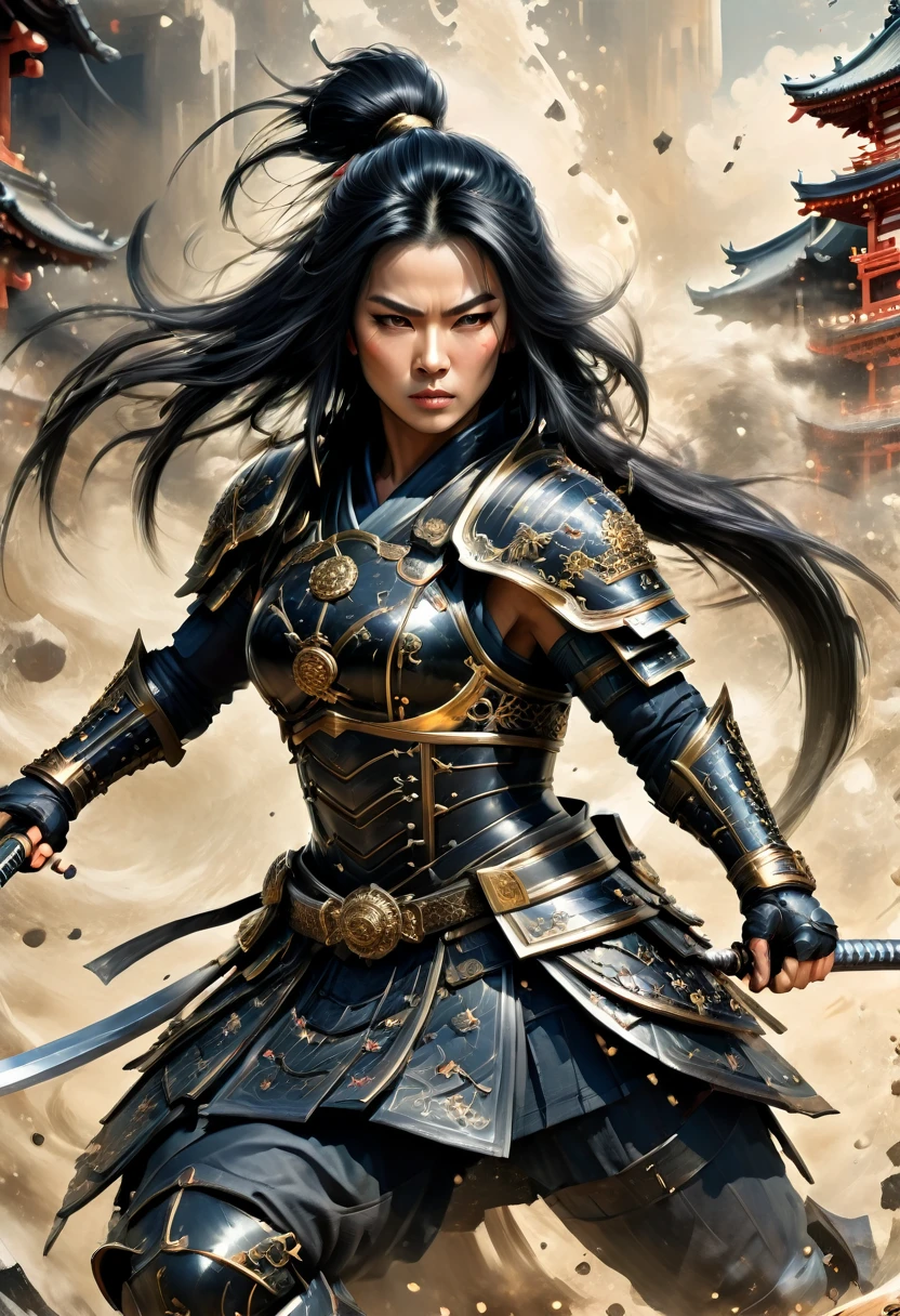 a picture of Japanese female samurai, she has long black hair, wearing niji armor, armed with a katana, ready for battle, dynamic angle,, Japanese fantasy art, Japanese temple background, (Masterpiece: 1.5), 16k, highres, best quality, high details, ultra detailed, masterpiece, best quality, (extremely detailed), arafed, dnd art, 