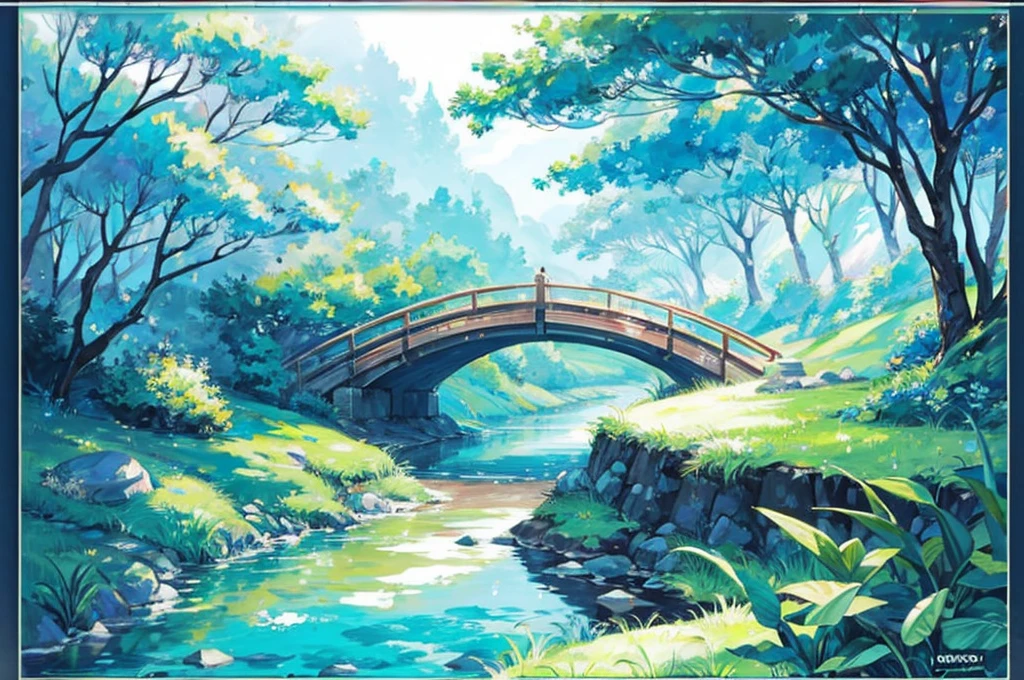 (8k analog photo,magical landscape:1.2), stone bridge over creek,lush greenery,pastel colors,studio ghibli style,alone bridge,small bridge,