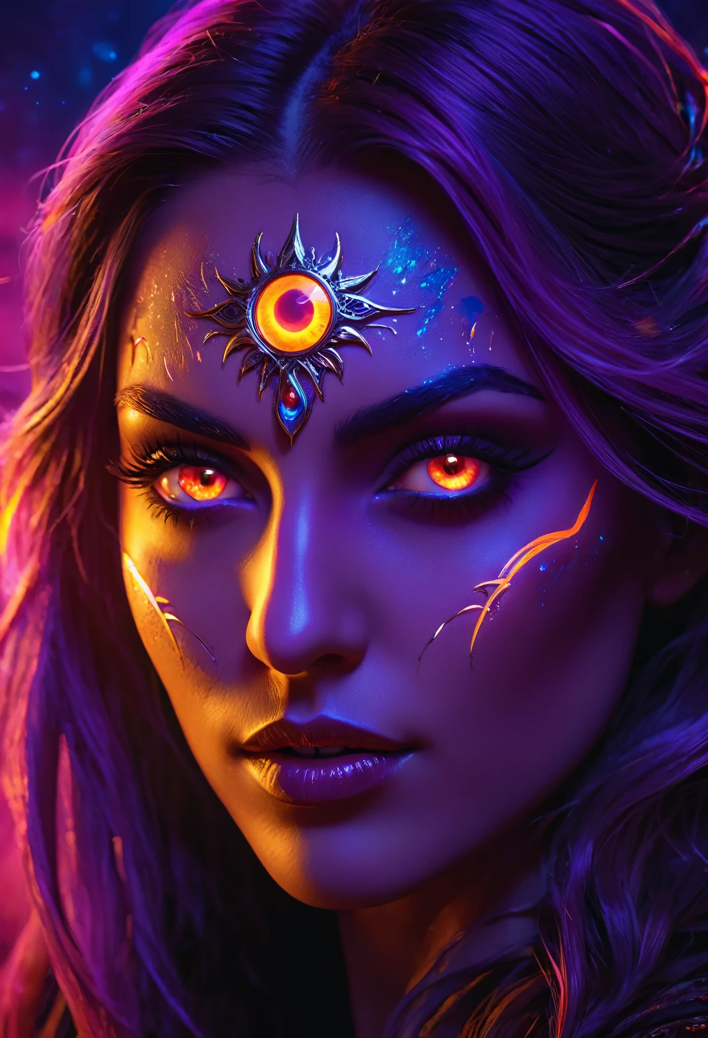 (best quality,4k,8k,highres,masterpiece:1.2),ultra-detailed,(Ultra-realistic, photorealistic,photo-realistic:1.37), Purple female Necromancer, beautiful, Blood Moon, Ray Tracing, highest quality, super high quality, Absurd detailed, best Light, Best Shadow, sharp image, detailed, extremely detailed, Amazing resolution, Ultra-high resolution, Particle Effects, Beautiful Effects, Vibrant colors, neon Light, neon, Light, glowing golden eyes, high nose, long eyelashes, There is a third eye in the forehead