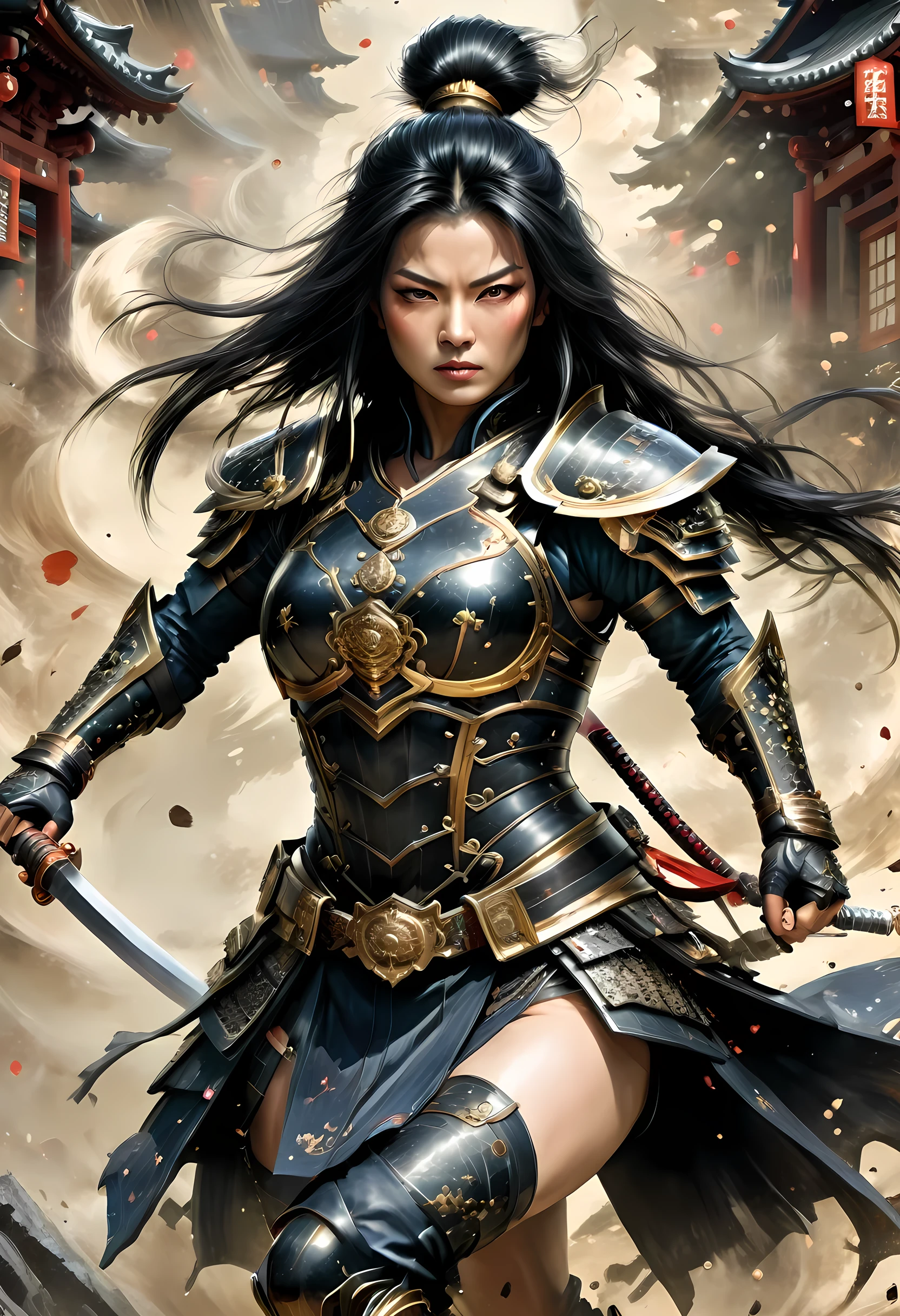 a picture of Japanese female samurai, she has long black hair, wearing niji armor, armed with a katana, ready for battle, dynamic angle,, Japanese fantasy art, Japanese temple background, (Masterpiece: 1.5), 16k, highres, best quality, high details, ultra detailed, masterpiece, best quality, (extremely detailed), arafed, dnd art, 