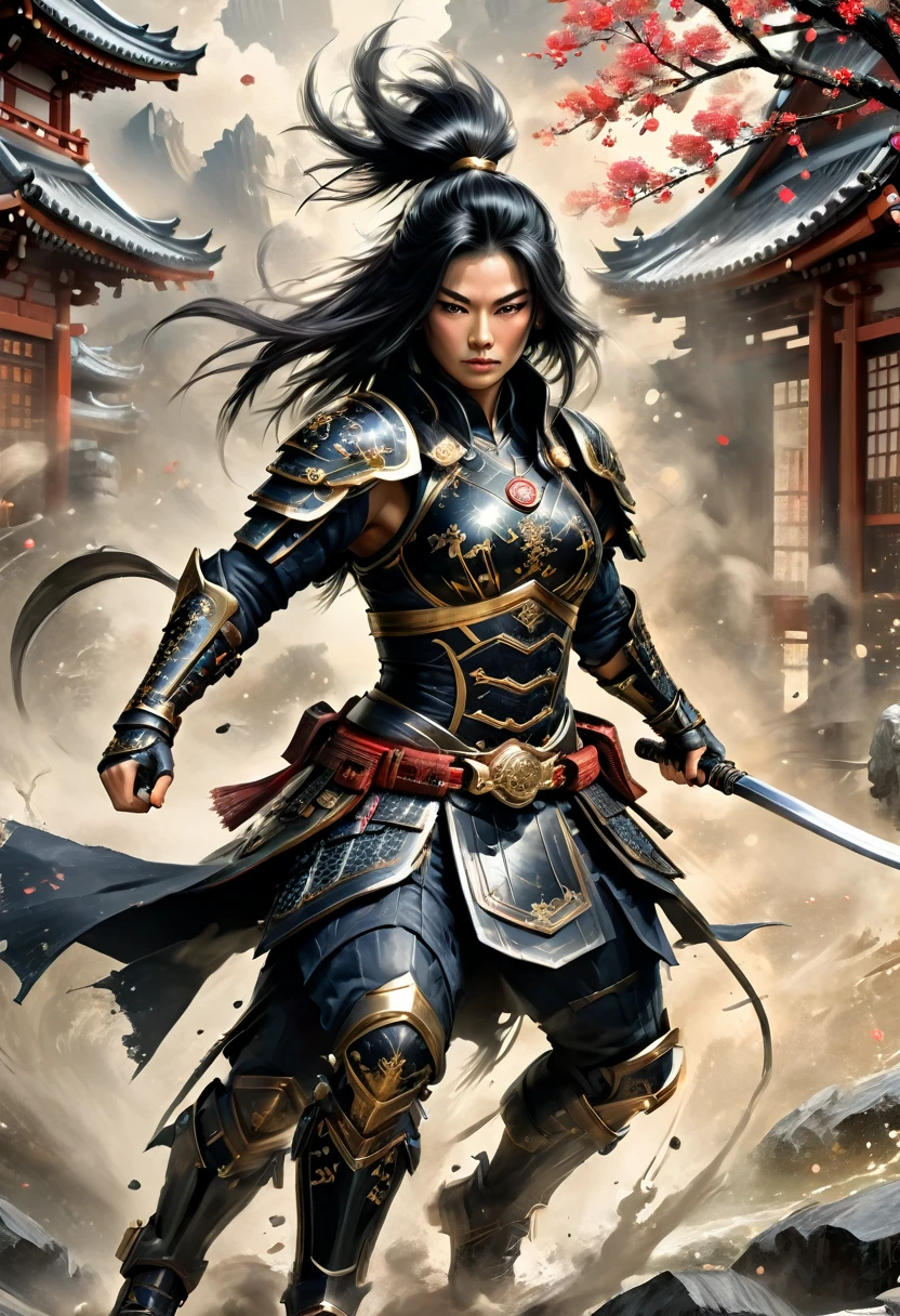 a picture of Japanese female samurai, she has long black hair, wearing niji armor, armed with a katana, ready for battle, dynamic angle, full budy, Japanese fantasy art, Japanese temple background, (Masterpiece: 1.5), 16k, highres, best quality, high details, ultra detailed, masterpiece, best quality, (extremely detailed), arafed, dnd art, 