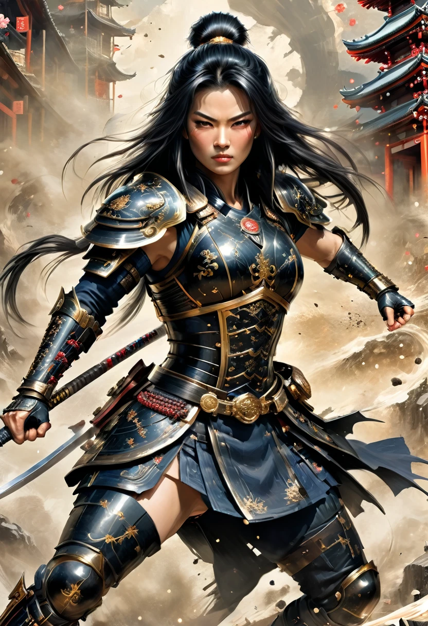 a picture of Japanese female samurai, she has long black hair, wearing niji armor, armed with a katana, ready for battle, dynamic angle, full budy, Japanese fantasy art, Japanese temple background, (Masterpiece: 1.5), 16k, highres, best quality, high details, ultra detailed, masterpiece, best quality, (extremely detailed), arafed, dnd art, 