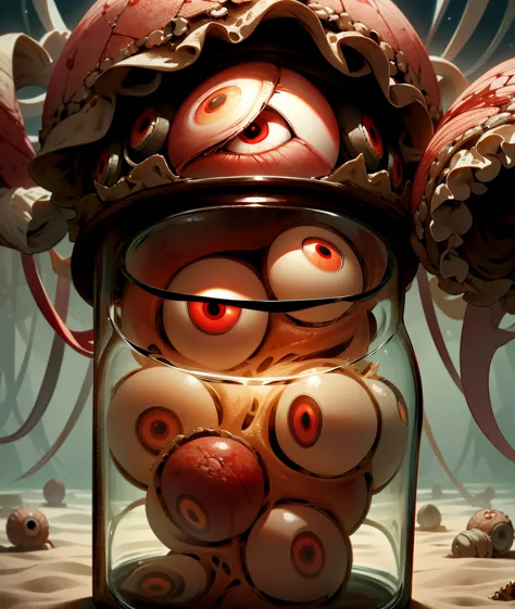 a glass jar filled with eyeballs, ((eyeballs)), blood, sand ground, early morning