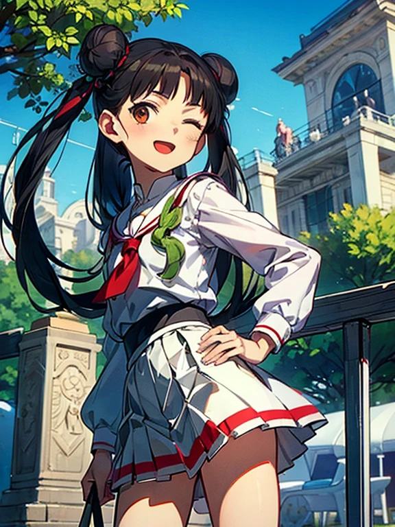 (((masterpiece))) ( Background : outdoor theme : bright : crowded cuty ) ( character : meiling : long smooth hair : fit body : lolicon : small breast : innocent smile : wearing ), one eye closed, , hair bun, black hair, , twintails, double bun, long hair, open mouth, hand on hip, brown eyes, pleated skirt,, white sailor collar, white skirt, bangs,, looking at viewer,