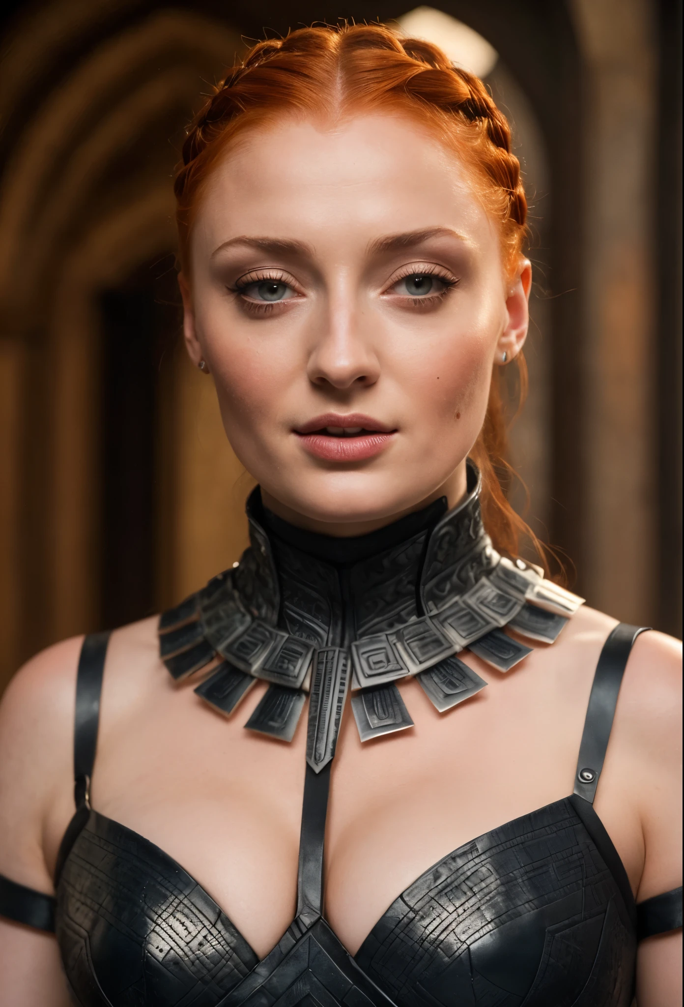 Face of Sophie Turner, Sansa Stark played by Sophie Turner, the de facto Lady of the Eyrie, is a 40-year-old mature queen with a stunning, alluring appearance. Full Face, Full figured woman, pierced eyes, reddish lips, upper body shot, erotic Mediaeval costumes, game of thrones costumes, She wears a Game of Thrones-inspired costume and has a deep cleavage, a perfect thick body, and a perfect thick figure. The photograph captures her in a close-up, with her skin texture and facial features being ultra-realistic and realistic. Juicy thick figure, high quality skin, Skin pores, amazing details, snow, snow flakes, semi realistic, extremely detailed eyes, dark moody orange and black settings, cool environment, artificial intelligence