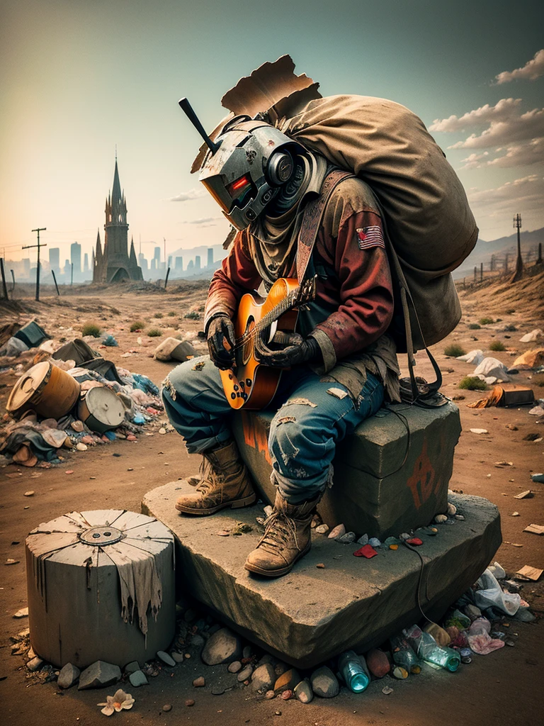 wasteland，(A very poor old mech sitting on a rock playing guitar:1.3)，(the guitar player)，(Sitting:1.2)，rust，Wearing tattered armor，The skyline in the distance，Gothic，moss，（A small white flower），（Cemetery），Gothic Church，（Blood red moon），Gothic Elements，wildfires，cold，gloomy