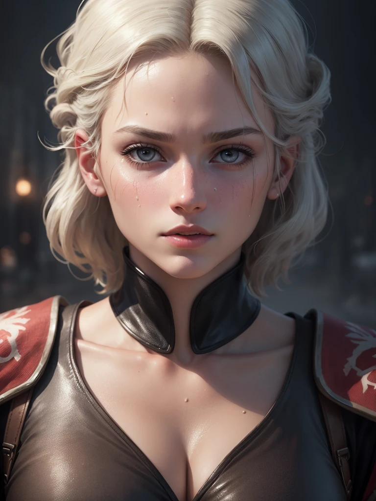 a young viking warrior woman with short white hair, beautiful purple detailed eyes, beautiful detailed lips, extremely detailed face and features, 18 years old, cute face, wearing tight medieval clothing, wet and sweaty, cleavage ,looking brave and heroic, low saturation, (best quality,4k,8k,highres,masterpiece:1.2),ultra-detailed,(realistic,photorealistic,photo-realistic:1.37),portrait,fantasy,dark,cinematic lighting