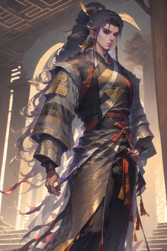 a man in a black robe, young and handsome man, ponytail, long hair, ancient Chinese clothing, qi, a huge saber, ancient Chinese buildings in the background, night, powerful character, purple rays, a beautiful landscape. Detailed face, thick eyebrows, black eyes, thin lips, 8k, robe embroidered with gold edges, detailed clothing, xianxia, ​​world of cultivation.