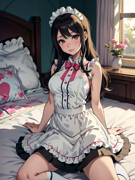 anime girl in a maid outfit posing on a bed, seductive anime girl, , loli in dress, oppai, pixiv 3dcg, splash art anime , top rated on pixiv, at pixiv, smooth anime cg art, marin kitagawa fanart, a hyperrealistic , ecchi, popular on pixiv