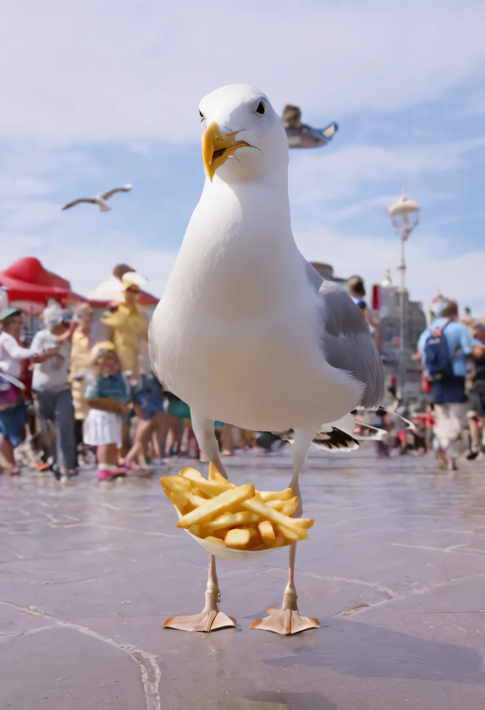pale skin, blue eyes, man in seagull mascot suit, beak for mouth, no mouth, text "Fluffy Flying Fry Friends." Seagull, bird, (French fries)