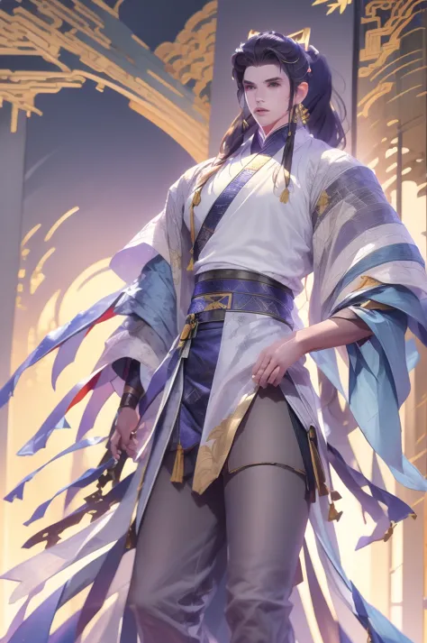 a man in a black robe, young and handsome man, ponytail, long hair, ancient Chinese clothing, qi, a huge saber, ancient Chinese ...