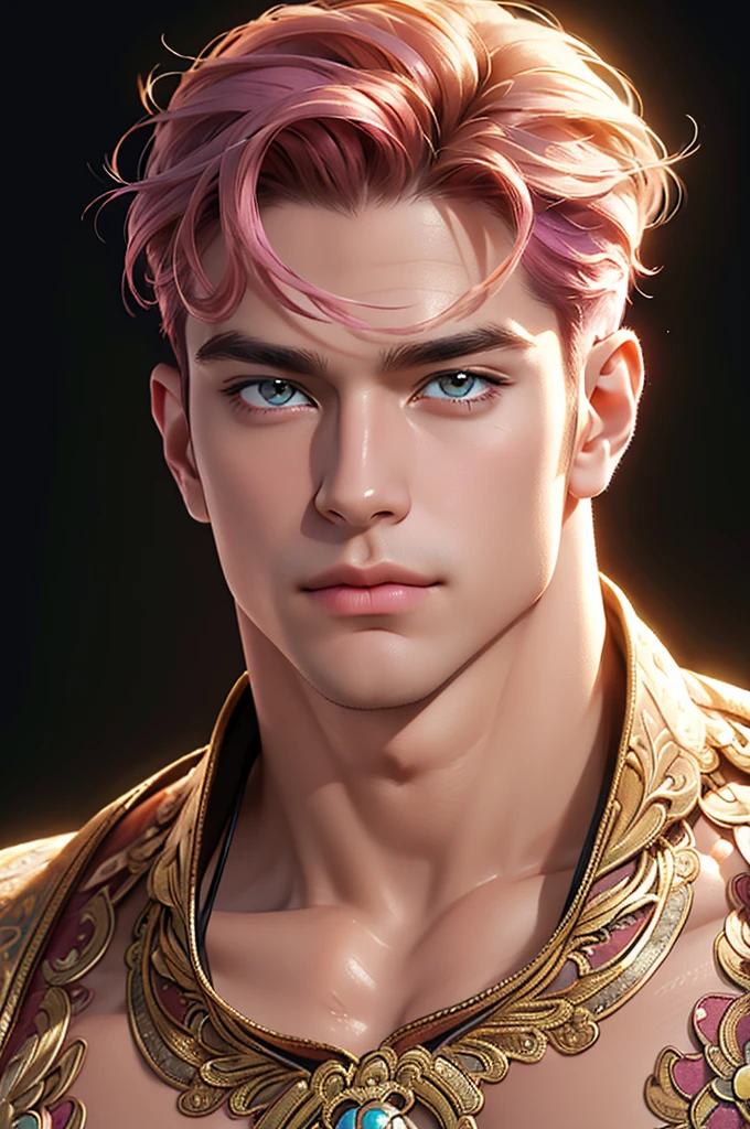 4k, high resolution, best quality, masterpiece, perfect color, perfect shade, perfect lighting, Posted by e621, ((portrait)), ((handsome man)), humungous wide muscles, unbottoned shirt cleavage, flexing biceps much bigger than head, Short hair details, pink hair. (masterpiece, top quality, Best quality, official art, beautiful and aesthetically pleasing:1.2), boy, Beautiful, Extremely detailed faces, (fractal art:1.3), colorful, The most detailed, (perfect face), shiny skin, HDR, Cantoella, very detailed dress, detailed background 