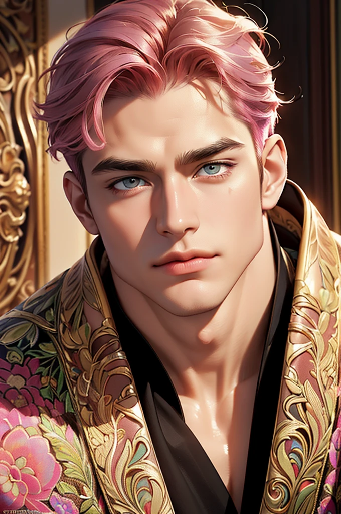 4k, high resolution, best quality, masterpiece, perfect color, perfect shade, perfect lighting, Posted by e621, ((portrait)), ((handsome man)), humungous wide muscles, unbottoned shirt cleavage, flexing biceps much bigger than head, Short hair details, pink hair. (masterpiece, top quality, Best quality, official art, beautiful and aesthetically pleasing:1.2), boy, Beautiful, Extremely detailed faces, (fractal art:1.3), colorful, The most detailed, (perfect face), shiny skin, HDR, Cantoella, very detailed dress, detailed background 