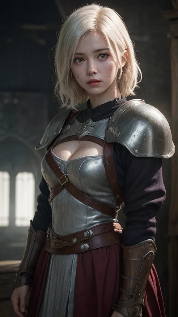 a young viking warrior woman with short white hair, beautiful purple detailed eyes, beautiful detailed lips, extremely detailed face and features, 18 years old, cute face, wearing tight medieval clothing, wet and sweaty, cleavage ,looking brave and heroic, low saturation, (best quality,4k,8k,highres,masterpiece:1.2),ultra-detailed,(realistic,photorealistic,photo-realistic:1.37),portrait,fantasy,dark,cinematic lighting