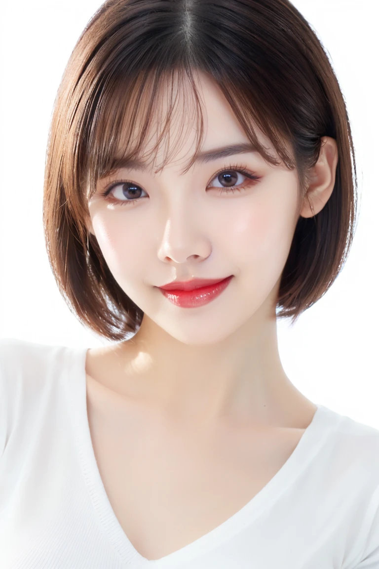 (Highest quality、Tabletop、8k、Best image quality、Award-winning works)、Cute beauty、(Short Bob Hair:1.1)、(White fitted V-neck long sleeve knit:1.2)、(Close-fitting V-neck long-sleeve knit:1.1)、(The simplest pure white background:1.6)、(Face close-up:1.3)、(Very large breasts:1.1)、Accentuate your body lines、Beautiful and exquisite、Look at me and smile、(look straight at me:1.1)、(Perfect Makeup:1.1)、Bright lipstick、Ultra-high definition beauty face、Ultra HD Hair、Ultra HD Shining Eyes、Ultra High Resolution Perfect Teeth、Super high quality glossy lip、Accurate anatomy、Very beautiful skin、Pure white skin shining in ultra-high resolution、An elegant upright posture when viewed from the front、(Very bright:1.2)
