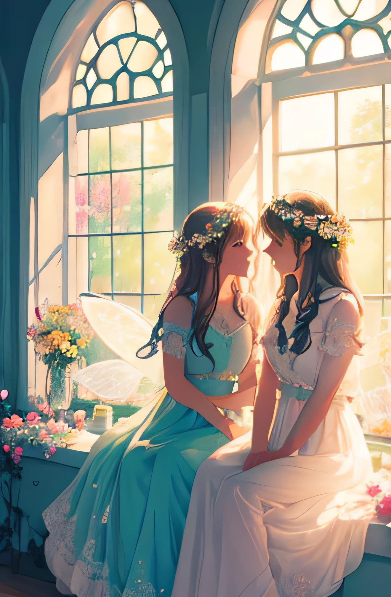 Create a serene and enchanting scene featuring two fairy-like girls sitting on a windowsill in a sunlit room filled with blooming flowers. Both girls have long, flowing hair adorned with delicate flowers. They wear ethereal, flowing dresses in soft pastel colors, with intricate lace details and ribbon ties. Their translucent wings catch the light, giving a magical glow. The room is bathed in soft, natural light streaming through large windows, with greenery and flowers framing the window. The girls are sitting close together, engaged in a tender, intimate conversation, creating a warm and peaceful atmosphere.