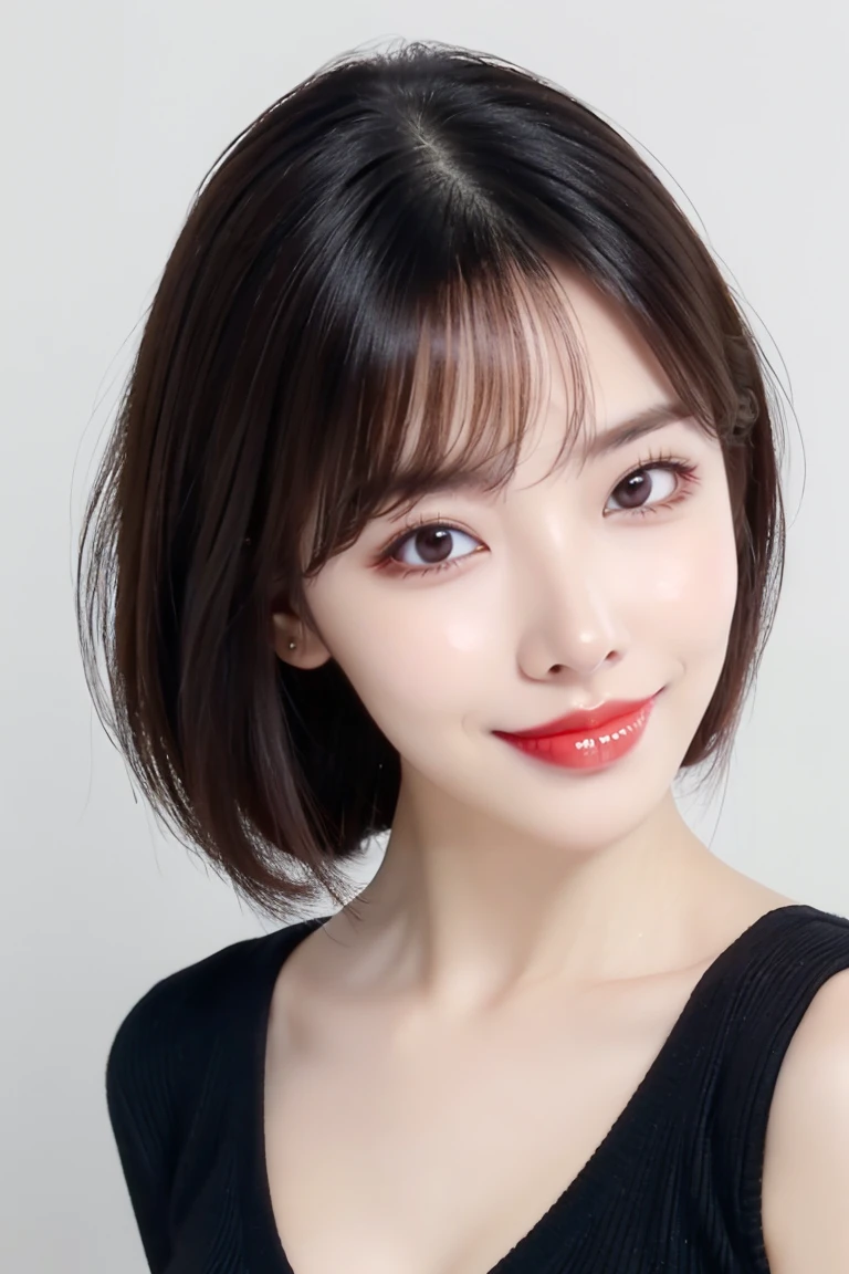 (Highest quality、Tabletop、8k、Best image quality、Award-winning works)、Cute beauty、(Short Bob Hair:1.1)、(Black fitted V-neck long sleeve knit:1.2)、(Close-fitting V-neck long-sleeve knit:1.1)、(The simplest pure black background:1.2)、(Face close-up:1.3)、(Very large breasts:1.1)、Cleavage、Accentuate your body lines、Beautiful and exquisite、Look at me and smile、(look straight at me:1.1)、(Perfect Makeup:1.1)、Bright lipstick、Ultra-high definition beauty face、Ultra HD Hair、Ultra HD Shining Eyes、Ultra High Resolution Perfect Teeth、Super high quality glossy lip、Accurate anatomy、Very beautiful skin、Pure white skin shining in ultra-high resolution、An elegant upright posture when viewed from the front、(Very bright:1.2)
