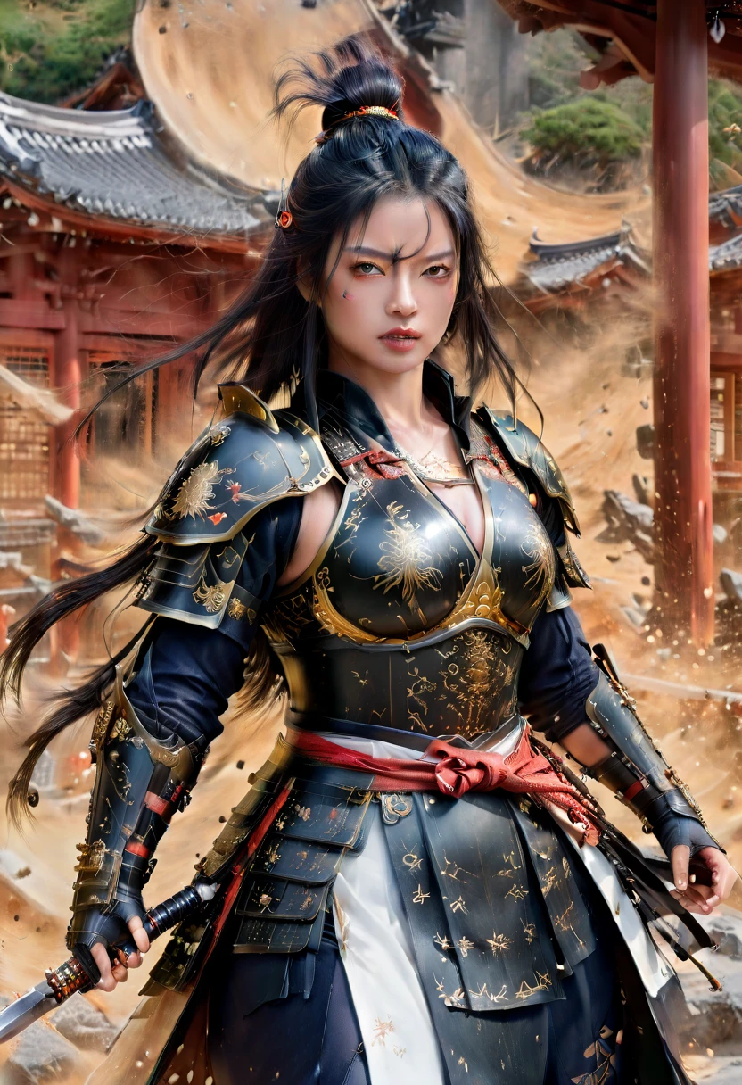 a picture of Japanese female samurai, she has long black hair, wearing niji armor, armed with a katana, ready for battle, dynamic angle, full budy, Japanese fantasy art, Japanese temple background, (Masterpiece: 1.5), 16k, highres, best quality, high details, ultra detailed, masterpiece, best quality, (extremely detailed), arafed, dnd art, 