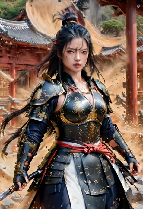 a picture of japanese female samurai, she has long black hair, wearing niji armor, armed with a katana, ready for battle, dynami...