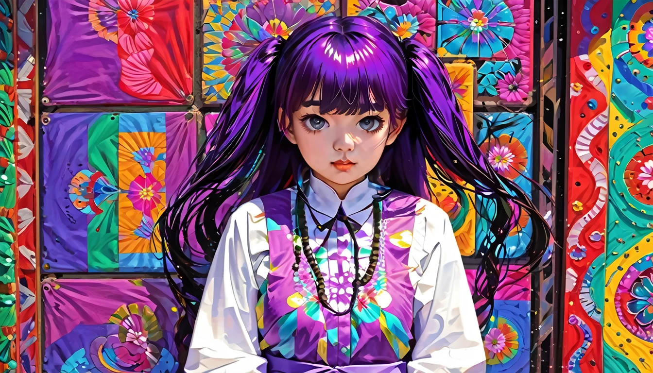 (Absurd, High resolution, Super detailed), (One girl:1.3), Twin tails, Purple Hair, break , Glitch Art, Digital Distortion, Pixelated Fragments, Data Corruption, Colorful Noise, Visual clutter, contemporary aesthetics break , Enamel Art, Glass-like surface, Vibrant colors, Glossy finish, Reflective Texture, Richly pigmented, fluid forms break , Ethnic Style, Traditional attire, Vivid patterns, Handmade textiles, Cultural Motifs, Beaded Jewelry, Artisan handmade accessories