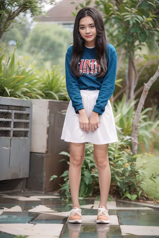 A teen girl with Indonesia face, approximately 16 years old. The girl can be seen in the process of peeing. Standing. Wet patch....