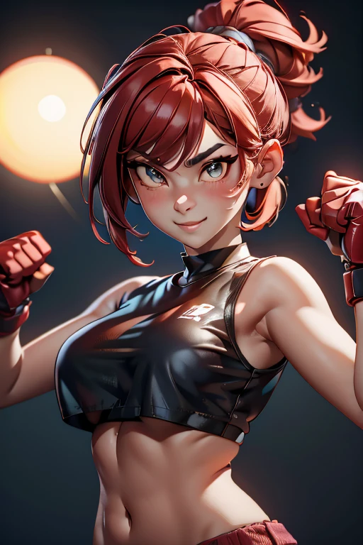 woman fighter in fighting pose expression of anger, boxing gloves, sleeveless shirt.