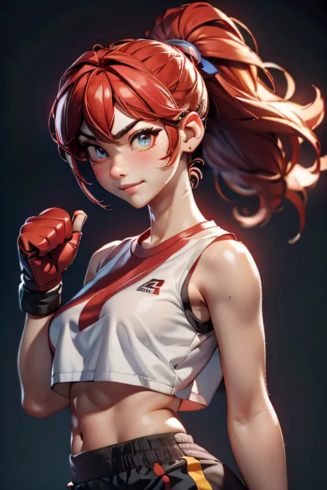 woman fighter in fighting pose expression of anger, boxing gloves, sleeveless shirt.