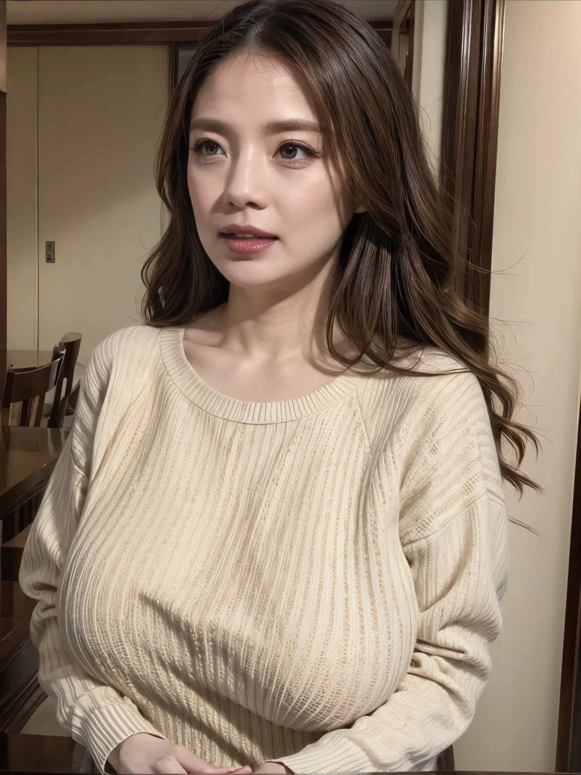 A close up of a woman in a sweater posing for a picture - SeaArt AI