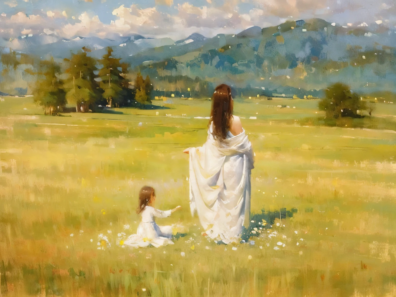 Create a serene and heavenly scene with a figure resembling Jesus, wearing a white robe, gently embracing a young girl also dressed in a white dress. They are standing in a vast field of white flowers under a bright, glowing sky with soft, ethereal clouds. The atmosphere should be peaceful and filled with light, with a divine, warm aura surrounding the figures. The background should feature distant mountains, adding to the serene landscape. Use an impressionistic style with soft, brush-like textures to convey a sense of tranquility and spiritual comfort.