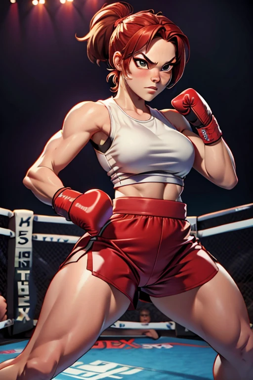 woman fighter in fighting pose expression of anger, boxing gloves, sleeveless shirt.