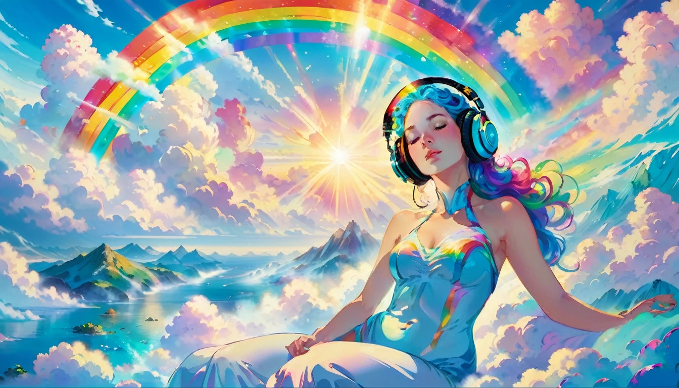 A stunningly ethereal woman, wearing headphones, composed of a dazzling array of rainbow hues, reclines gracefully at the end of a radiant rainbow amidst the fluffy clouds in the sky. Bathed in dynamic and enchanting lighting, accentuates her vibrant, full-bodied form. Fantasy art. Masterpiece 