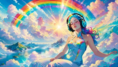 a stunningly ethereal woman, wearing headphones, composed of a dazzling array of rainbow hues, reclines gracefully at the end of...