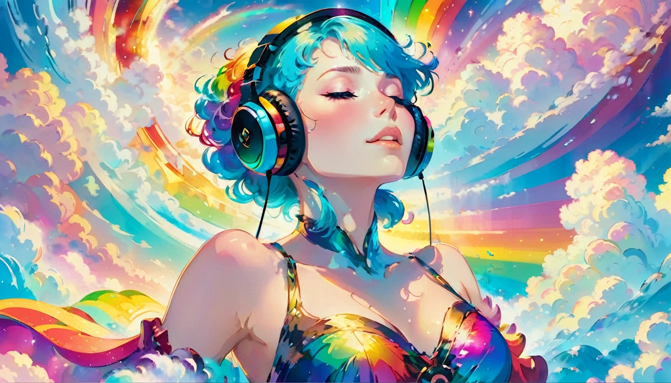 A stunningly ethereal woman, wearing headphones, composed of a dazzling array of rainbow hues, reclines gracefully at the end of a radiant rainbow amidst the fluffy clouds in the sky. Bathed in dynamic and enchanting lighting, accentuates her vibrant, full-bodied form. Fantasy art. Masterpiece 