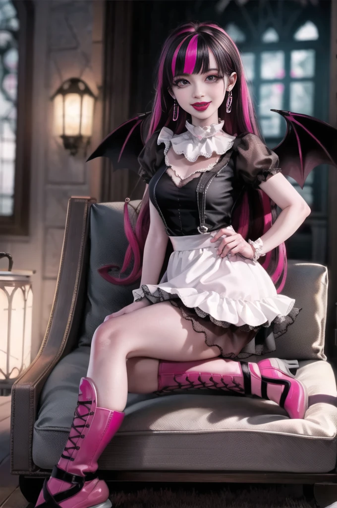 1 girl, a girl with bat wings, succubus, bat choker, necklace, centered, bat jewelry, seat on sofa, medieval castle scenery, Pink bat Jewelry, smile, vampire fangs, (looking at viewer), Draculaura_MH, wavy hair, Alone, half black hair, half pink hair, multicolored hair, long hair, braided hair, gothic scenery, medieval style, maid dress, white apron, maid apron, maid headdress, white skirt, pink knee boots, smiling, white flowers, black lanterns, roses in focus, garden, depth of field, film composition, ((high quality)), ((artwork)), (More details), maid dress, black maid headdress, black maid apron, bat wings, white dress, black dress with transparency, pink laces, pink gloves, black high socks , boots of high hills, bat jewel, jewel, sit on the grass, dark red roses in focus, Draculaura_(school of monsters), school of monsters, Looking at the viewer, More details on the clothes,