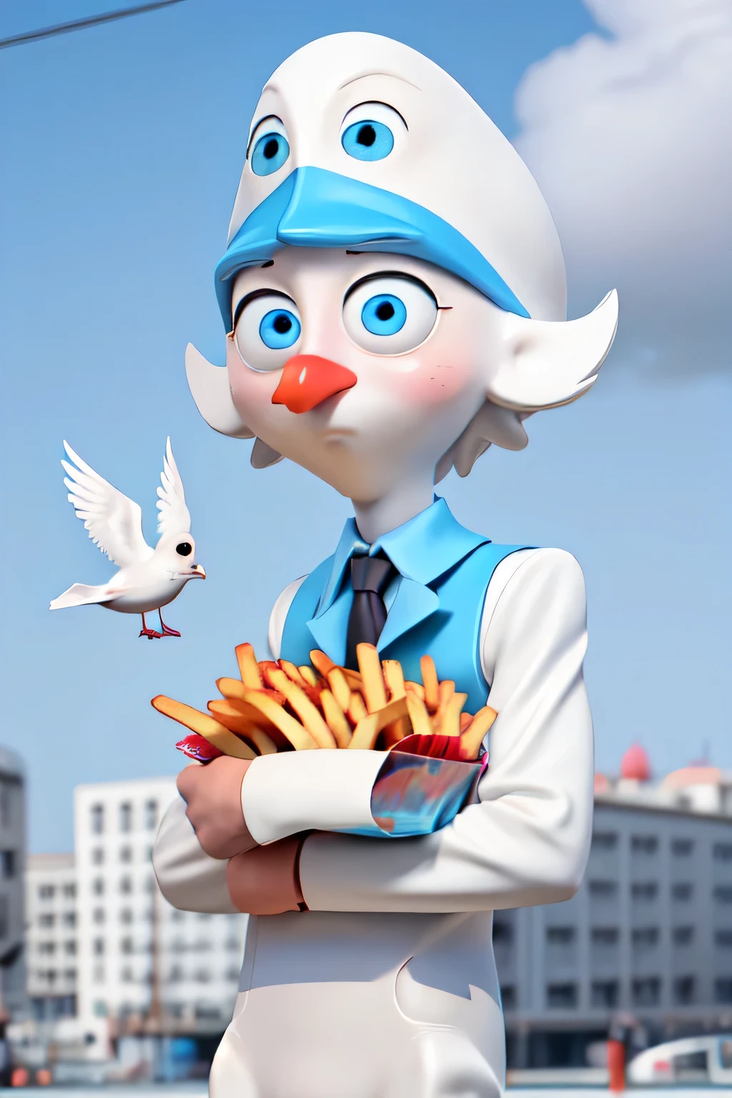 pale skin, blue eyes, man in seagull mascot suit, beak for mouth, no mouth, text "Fluffy Flying Fry Friends." Seagull, bird, (French fries)