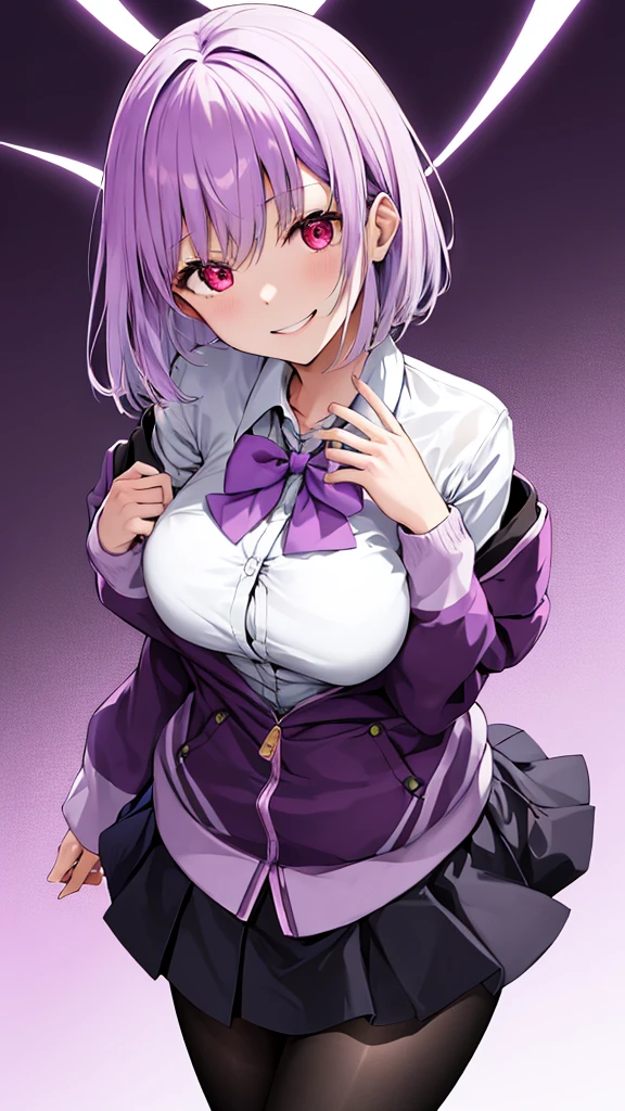 masterpiece, highest quality, High resolution, shinjou akane, One girl, alone, pantyhose, shirt, bow, skirt, purple Jacket, Jacket, white shirt, Long sleeve, short hair, black skirt, collared shirt, black pantyhose, Open clothes, bowtie, purple bow, chest, bangs, Red eyes, pleated skirt, Off the shoulder, open Jacket, Sleeves are longer than the wrist, Light purple hair, purple bowtie, miniskirt,  Cowboy Shot,too evil smile,smile worst,looking down at viewer,laugh worst,evil laugh,deep shaded face,laugh face,big monster ,dark purple backgrounds,two hand,five fingers,two legs,
