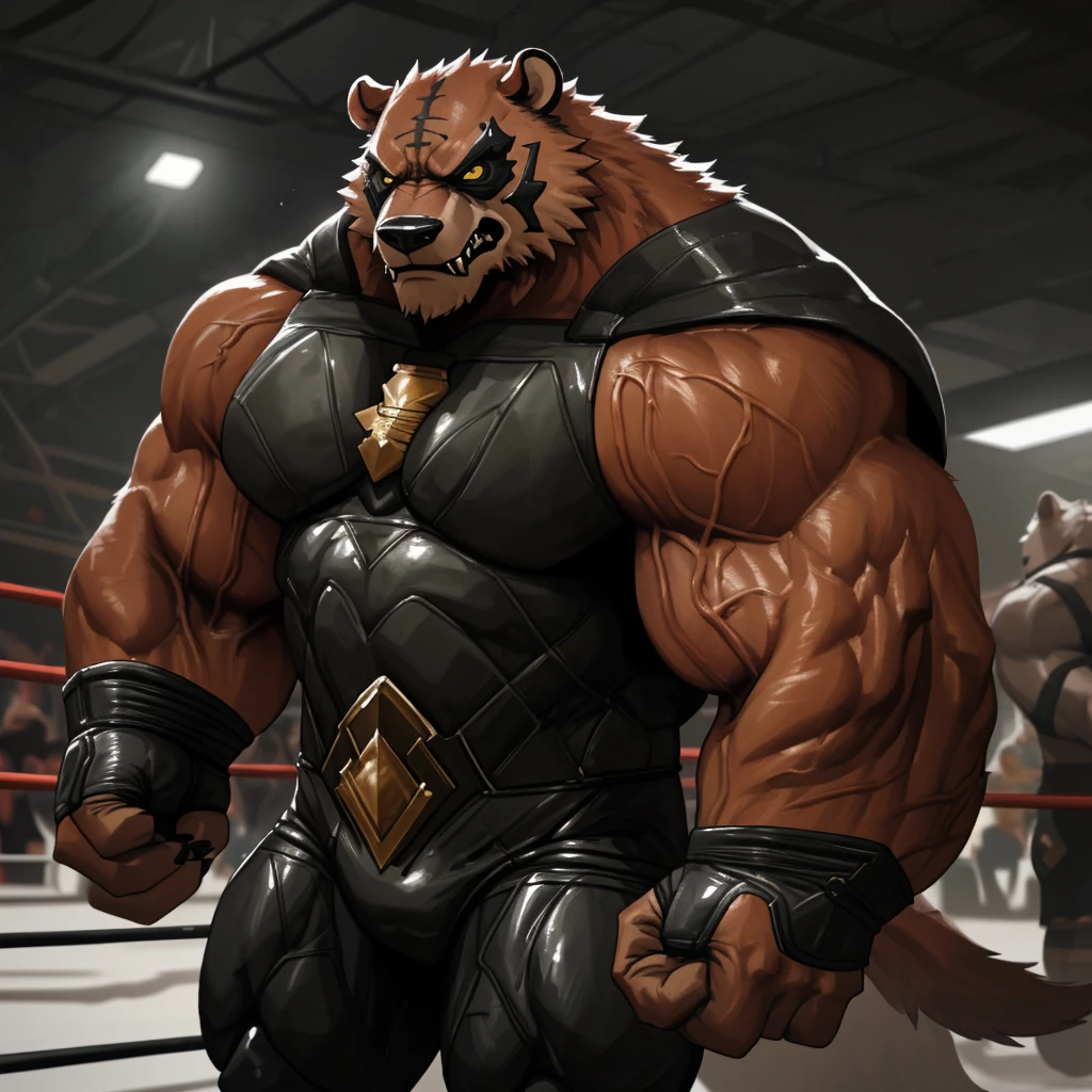 a huge muscular old grizzly bear, bane from batman, extremely detailed, hyper realistic, 8k, photorealistic, ultra detailed, extremely sharp focus, intricate details, cinematic lighting, dramatic shadows, powerful presence, wrestler mask, fierce expression, veins popping, huge muscles, thick fur, sharp claws, intense eyes