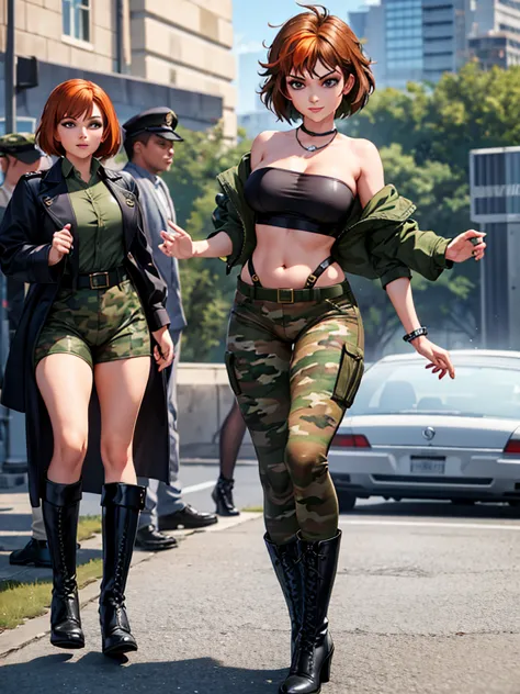 merula, full body, thighs, boots high heels, solo girl, medium tits, military camouflage pants, belly, top strapless, cameltoe