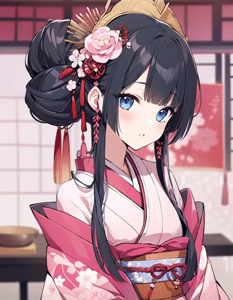 Crie uma imagem de uma princesa japonesa bonita de 21 anos. She must have straight black hair tied in a traditional Japanese bun...