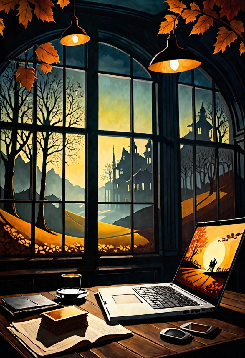 graphic of a resounding fall in the shares of a company, view of a laptop, dark fantasy 70s style paper, with intense romantic German style painting. Shadows and spectacular lighting.