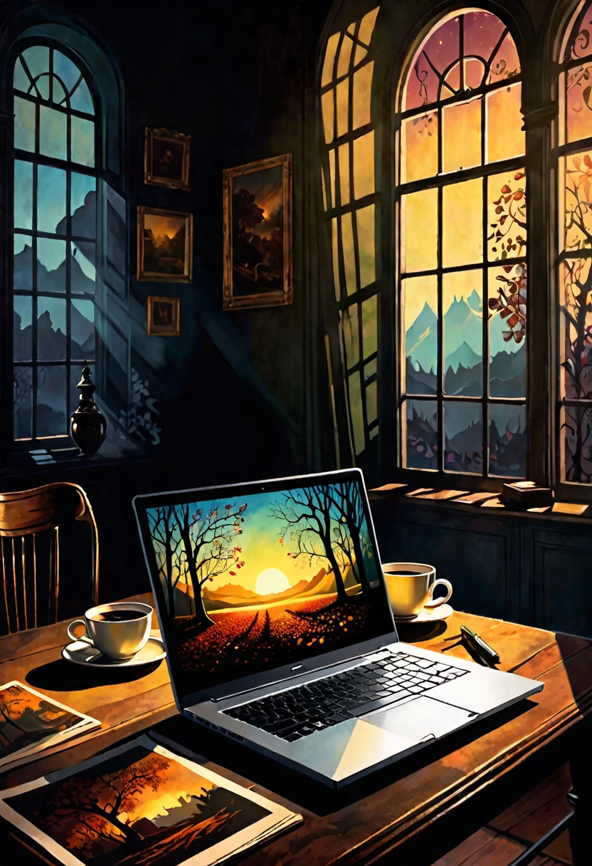 graphic of a resounding fall in the shares of a company, view of a laptop, dark fantasy 70s style paper, with intense romantic German style painting. Shadows and spectacular lighting.