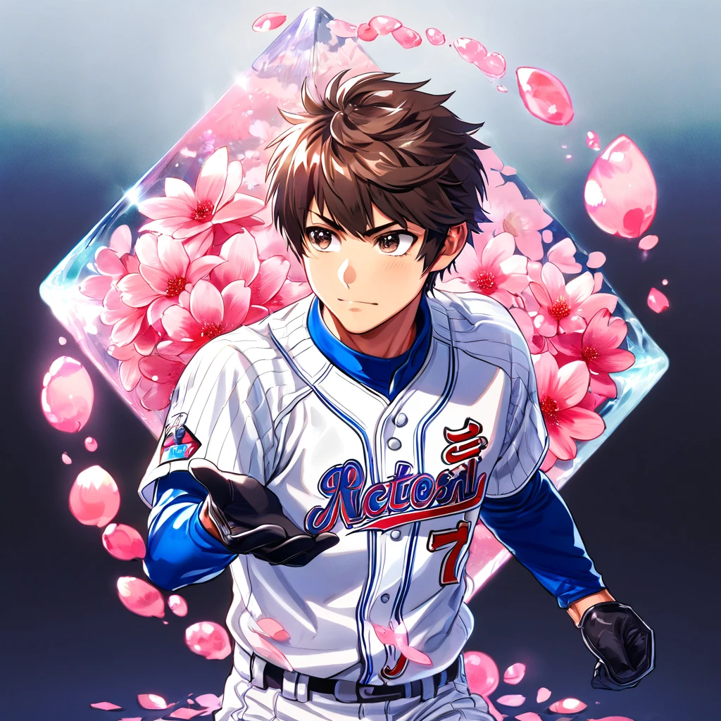 absurdes, haute résolution, ultra détaillé, HDR, chef-d&#39;œuvre, Meilleure qualité, Sawamura Eijun, cheveux bruns, yeux marron expressifs, Diamant sans as, seulement, homme sexy, beau, uniforme de baseball blanc, gants noirs, magique, fantaisie, Brillant, fleurs roses, fleurs roses, papillons roses, pétales roses, eau