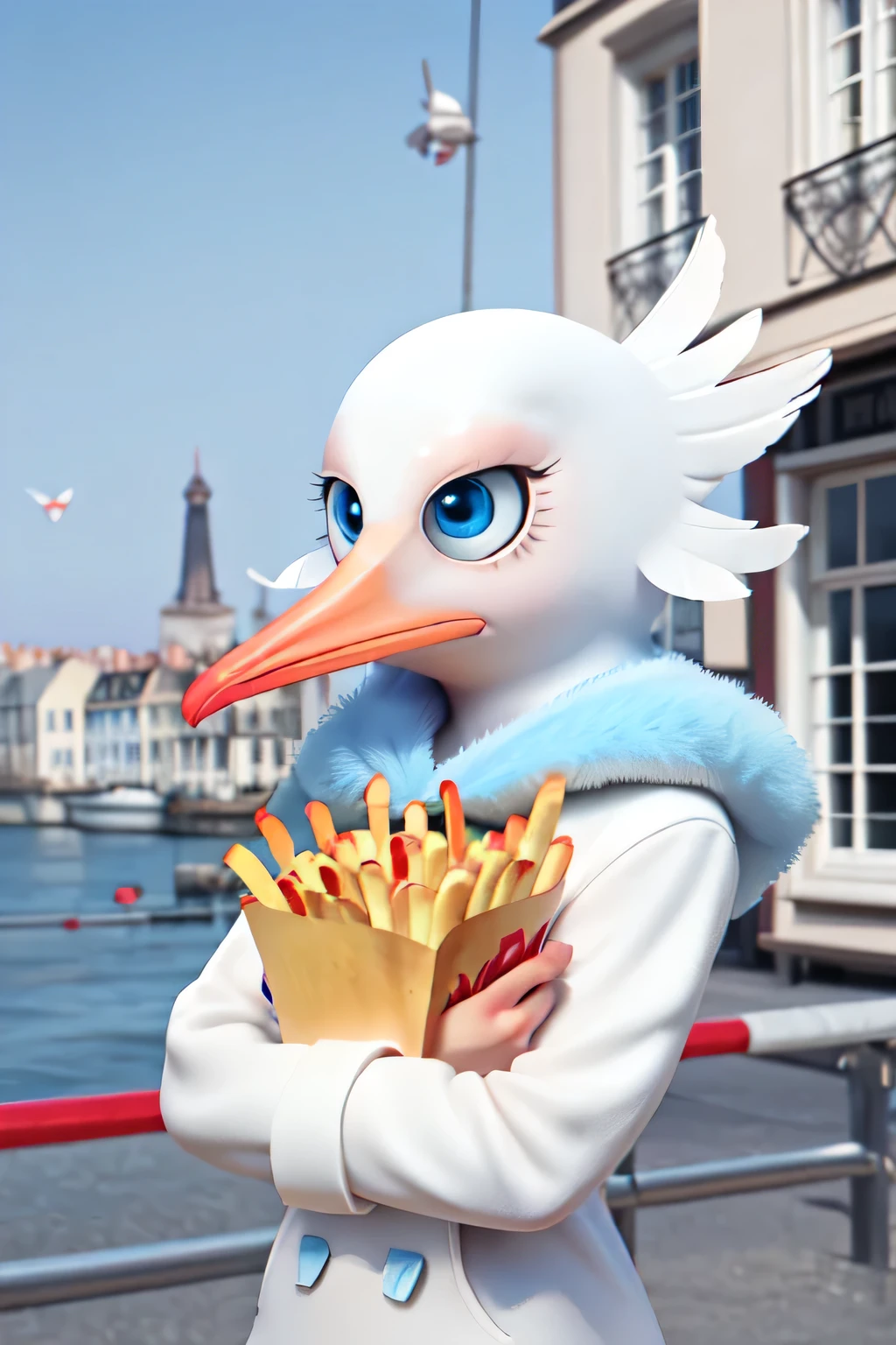 pale skin, blue eyes, man in seagull mascot suit, beak for mouth, no mouth, text "Fluffy Flying Fry Friends." Seagull, bird, (French fries)