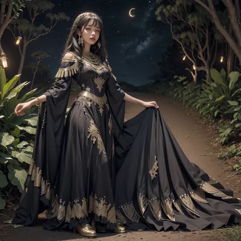phoenixdress, enchanted forest with starry night and fireflies,  1woman, egypt, solo, dress,  