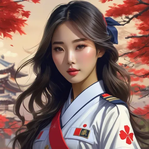 Korean girl, long hair, wearing japan uniform, poses to camera, digital painting