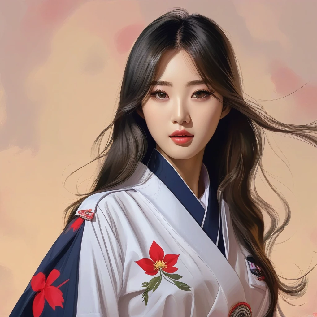 Korean girl, long hair, wearing japan uniform, poses to camera, digital painting