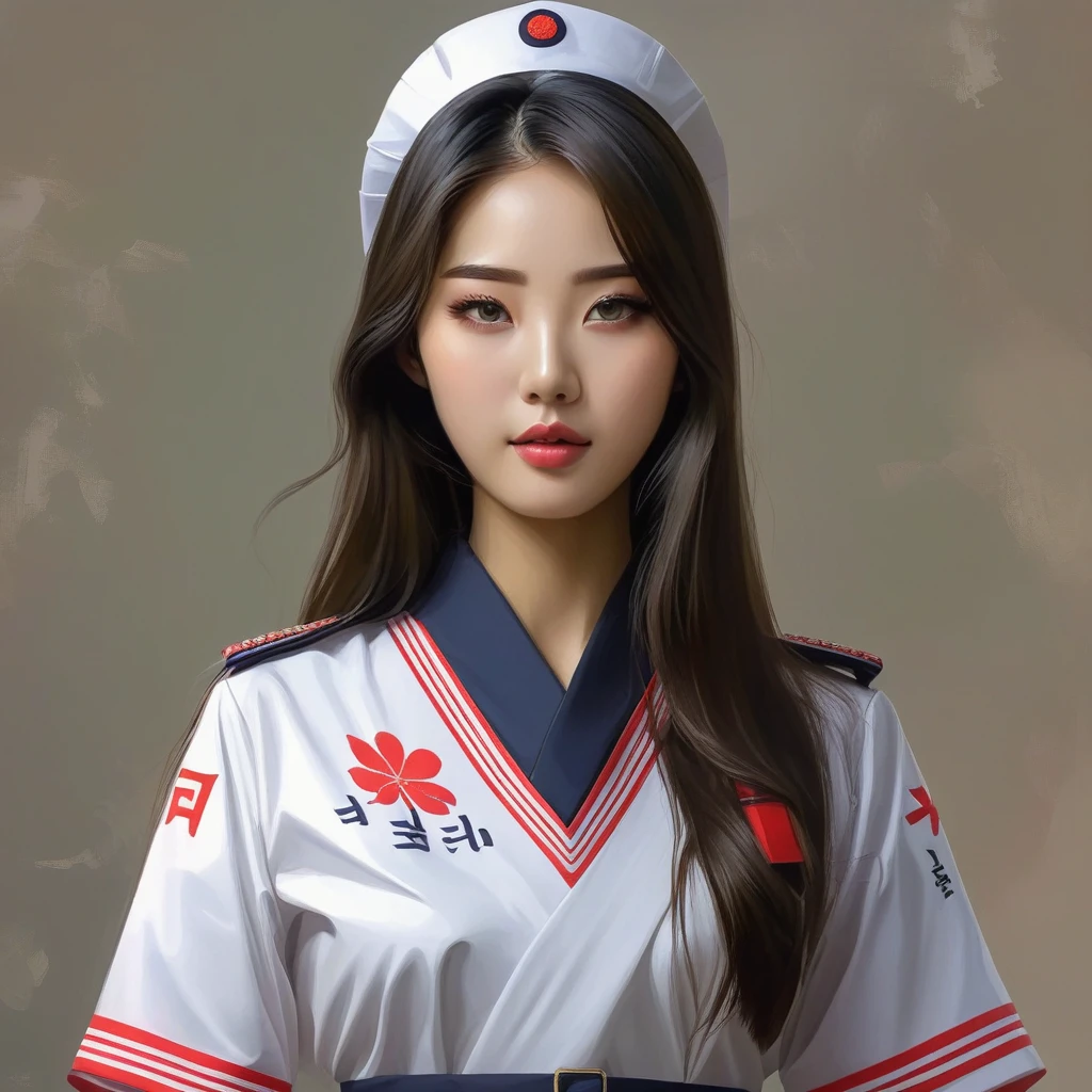 Korean girl, long hair, wearing japan uniform, poses to camera, digital painting