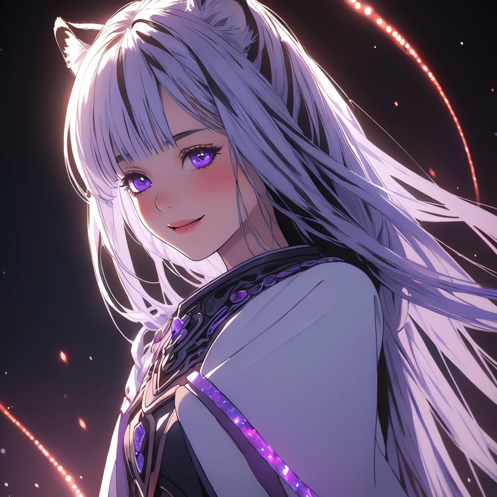 ((masterpiece)), (best quality), (ultra-detailed), photorealistic, (best illustration), ((an extremely delicate and beautiful)), 1girl, solo, long hair, tiger ears, [:tiger tail under:0.2], white hair, two-tone hair, full body, knight armor, crimson glowing details on armor, amulet on neck, Bracelets, crimson crystals in Bracelets, long lilac cape, open eyes, evil purple eyes, looking at viewer, malicious smile, blush, in space, goddess, low twin braids, loosen hair, quiet gesture, white armor, cybernetic armor, hyper detailed space,best illumination. 