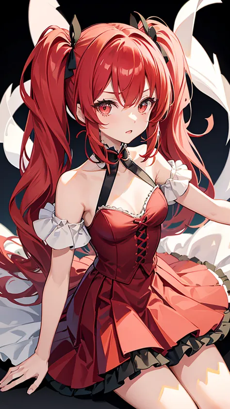 Ichika has straight scarlet hair that is tied into twin tails and tied with red ribbons and dark red gradient eyes.Wears a Green...