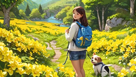 tips: very attractive girl with backpack and cute puppy、enjoying a lovely spring outing surrounded by beautiful yellow flowers a...